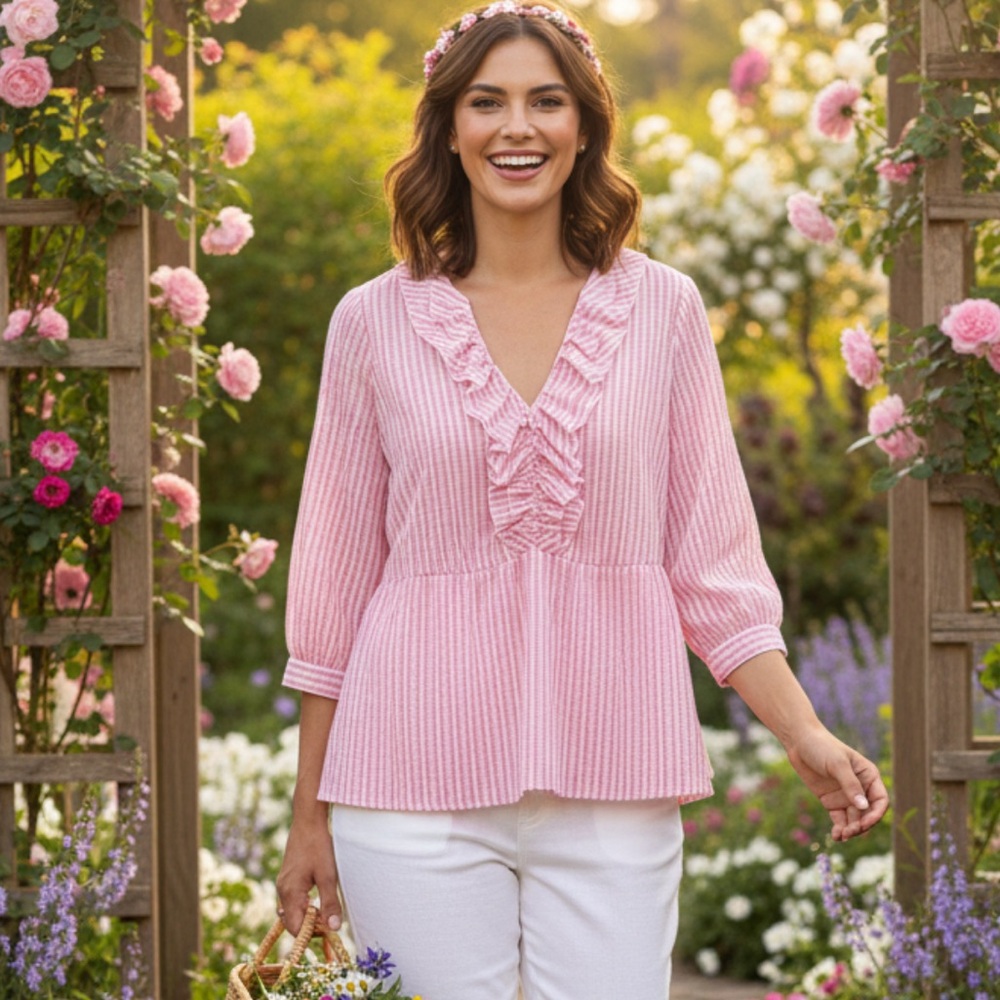 Marc New York Pink And White Striped Blouse Cottage Coquette Ruffle Prairie L